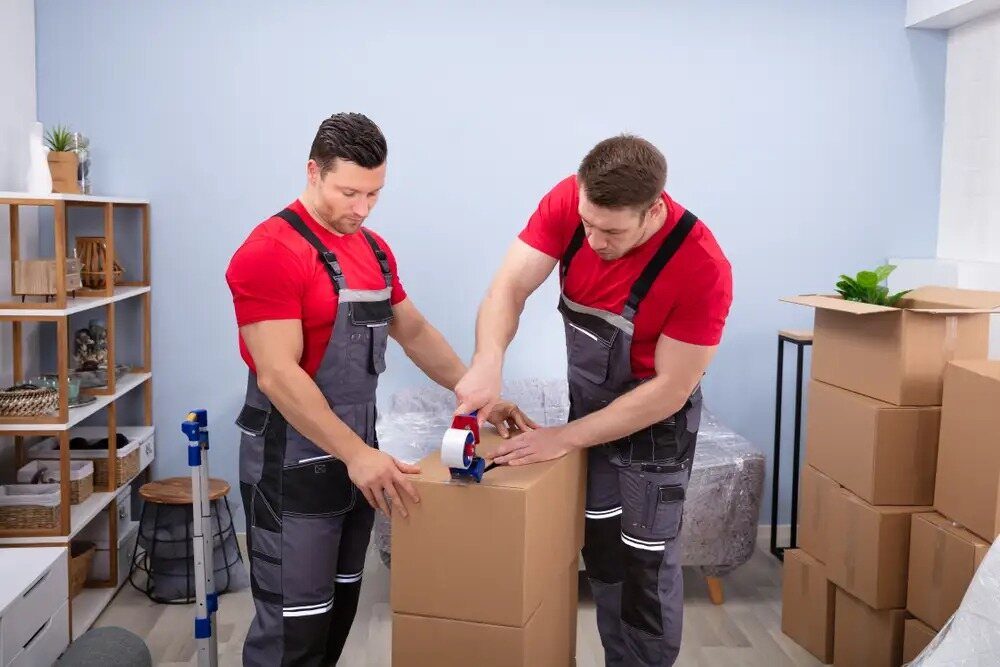 Professional movers packing boxes for state-to-state relocation.